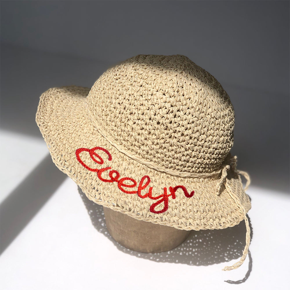 Personalized Hand Embroidered Straw Floppy Sun Hat | trehrechie.com